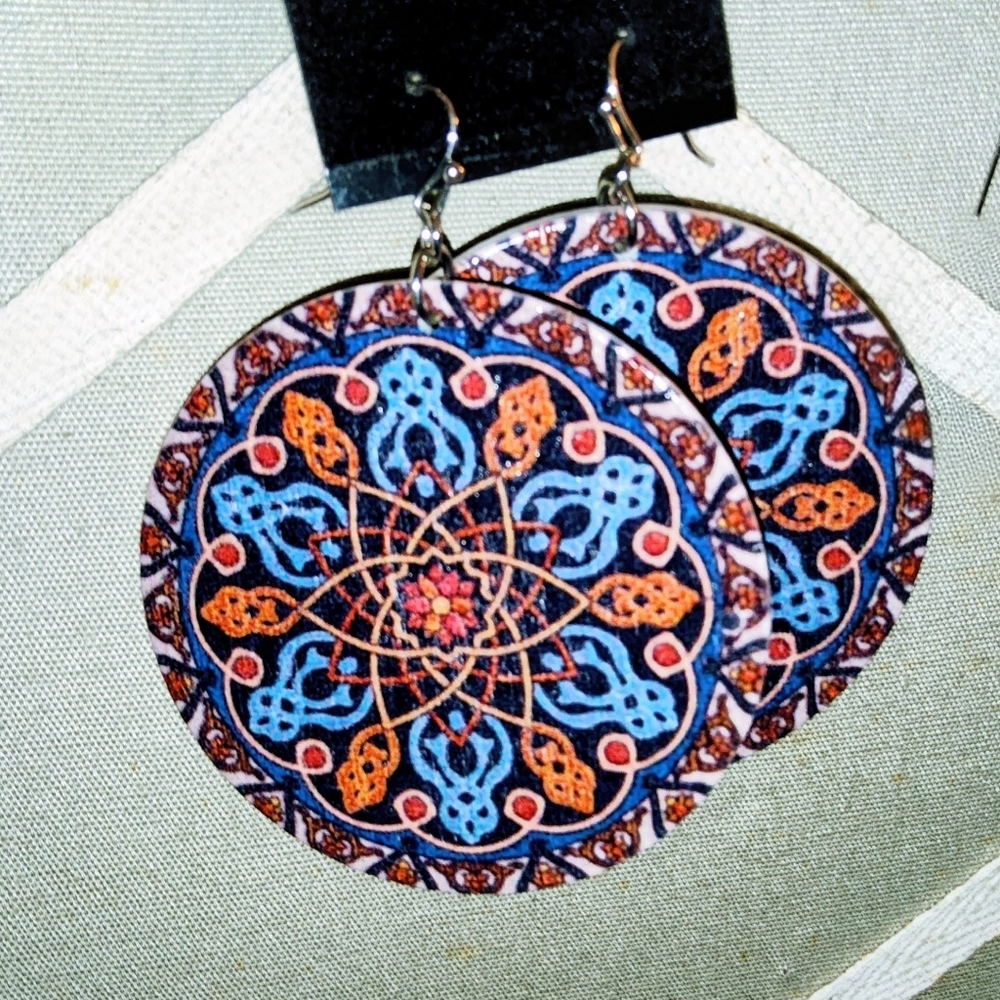 Women's Vtg Bohemian Blue and Orange Mandala Earrings